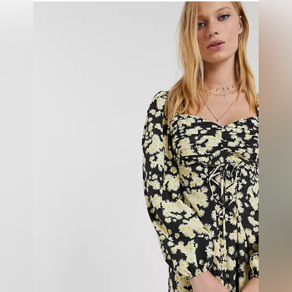 Topshop Floral Black and Cream Midi Dress -‎ Size 8